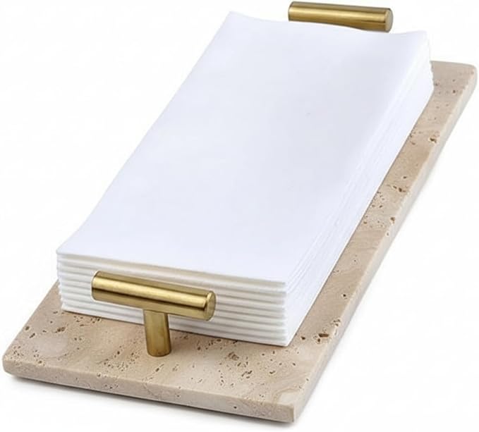 LemonRoad Guest Towel Holder Tray for Bathroom Travertine Napkin Tray 10.6 x 4.5 Inches Bathroom Hand Towel Holder, Stone Tissue Box Organizer with Handles, Decorative Display for Vanity Kitchen