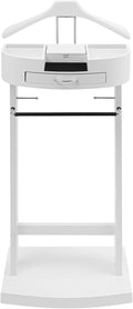 Eapmic Wooden Freestanding Clothes Stand with Sturdy Base, Multi-functional Suit Valet Stand, Coat Rack with Top Drawer, Tie Hangers, and Storage Compartments for Office, Bedroom, Living Room (White)