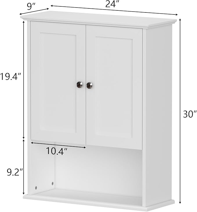 Medicine Cabinet, Over The Toilet Storage Cabinet, 24x30 Inch Wall Mount Bathroom Storage Cabinet with 2 Doors & Adjustable Shelves, Wooden Bathroom Wall Cabinet, White