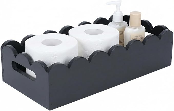 Toilet Paper Storage, Wooden Toilet Tank Paper Baske with Handles, Bathroom Storage and Organizer Napkin Tray, Scalloped Edge Black Decor Box for Vanity, Bedroom, Entryway, Living Room
