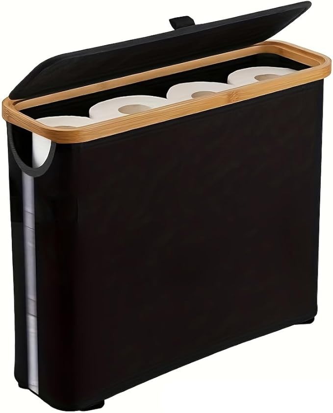 Toilet Paper Storage Basket, Oxford Cloth Papers Container with Lid, Medium Toilets Holder for Up to 12 Regular or 9 Mega Rolls, Organizer for Bathroom, Waterproof, Beige, 1 Pack (Black)