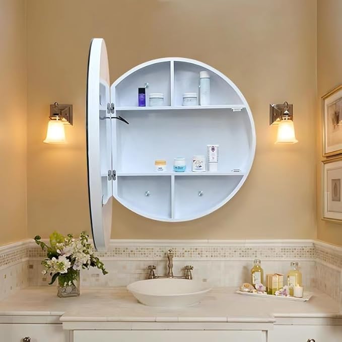 Led Round Medicine Cabinet,Bathroom Medicine Cabinet with Light,3 Color,Demister,Dimmable,Steel Constrution,White,Only for Surface Mount,28 inch