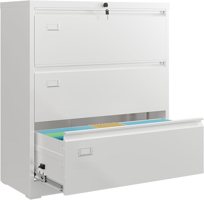 DEVAISE Metal Lateral File Cabinet with Lock, 3 Drawer Filing Cabinet with Business Card Holder, Suitable for Home Office School Hanging Files Letter/Legal/F4/A4 Size, White