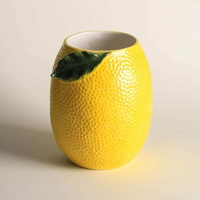 WAIT FLY Embossed Lemon Porcelain Kitchen Utensil Holder Flatware Storage Organizer Utensil Crock for Countertop Kitchen Counter Decor