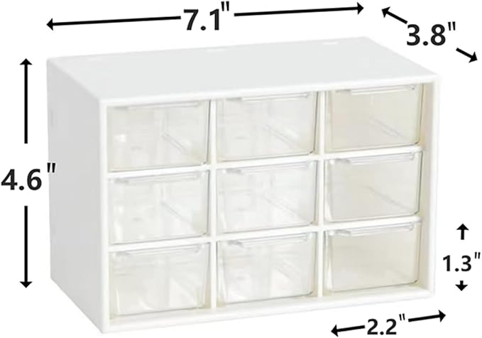 Small Drawer Organizer for Desk, 7.1" x 3. 8" x 4.6" Mini Desktop Drawer Organizer with 9 Clear Drawers, Plastic Desktop Craft Storage Box for Desk Office School Home (White)