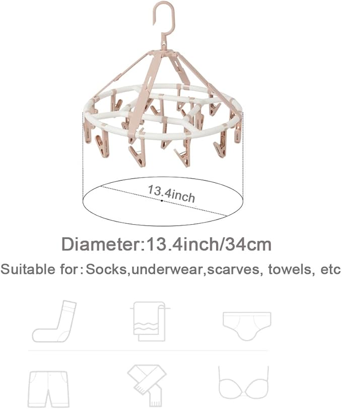 Clothes Drying Racks Foldable Clip Hangers Drip Hanger Plastic with 20 Drying Clips (Light Pink-Circle)