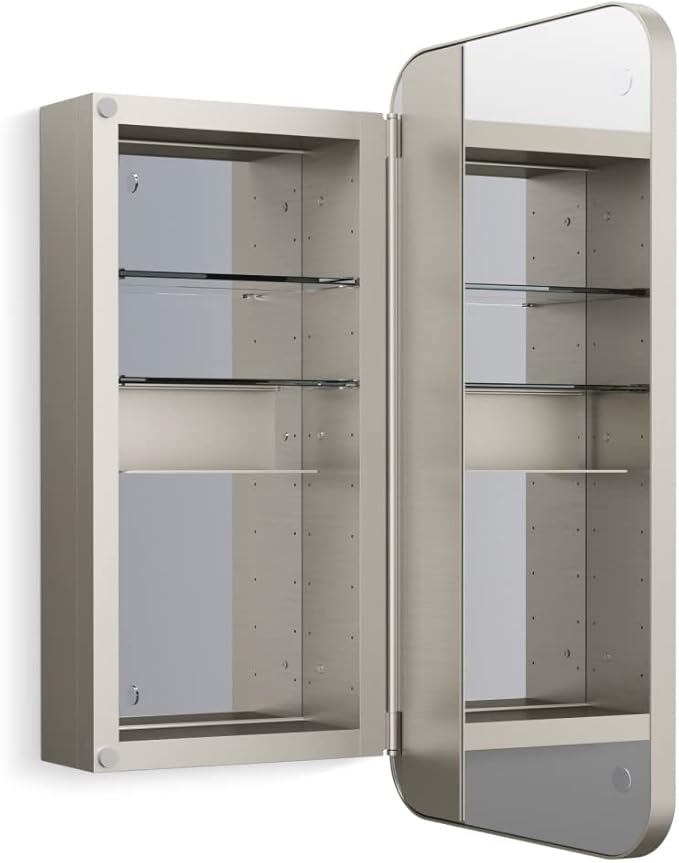 Kohler 35569-BGL Verdera® Framed Bathroom Medicine Cabinet with Mirror, Rectangle Design, Adjustable Shelves, Bathroom Storage, 15 in. W x 30 in. H, Brushed Nickel