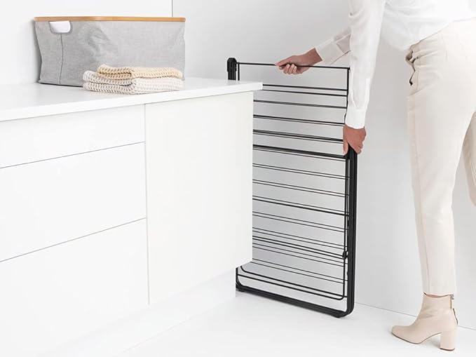 Brabantia HangOn Clothes Drying Rack | 82ft (25m) | Matt Black | Large Indoor Clothes Airer Laundry Stand with 2 Fold-Out Wings & Hanger Hooks, Folds Flat | Fits 2 Full Loads