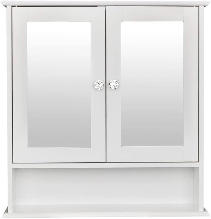 Karl home Wooden White Medicine Cabinet, Wall Mounted Bathroom Cabinet with 2 Mirror Door & Adjustable Shelves & Bottom Shelf for Bathroom, Living Room, Entryway
