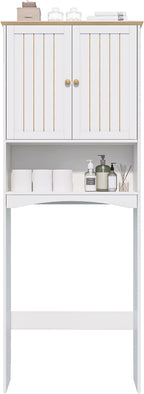Over The Toilet Storage Cabinet for Small Bathrooms, Freestanding Space Saver with Double Doors & 2 Fixed Shelves, Stable Wood Organizer with Anti-Tip Kit, Fits 33-Inch Clearance, White