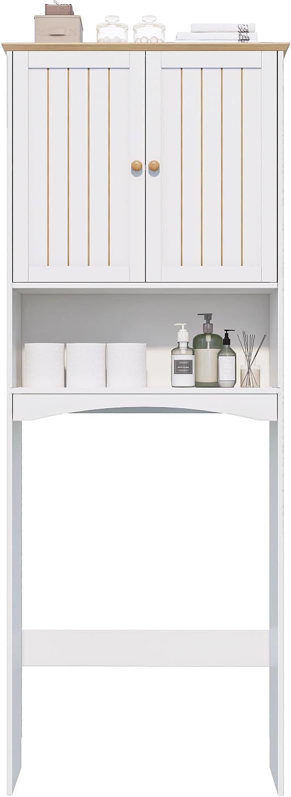 Over The Toilet Storage Cabinet for Small Bathrooms, Freestanding Space Saver with Double Doors & 2 Fixed Shelves, Stable Wood Organizer with Anti-Tip Kit, Fits 33-Inch Clearance, White