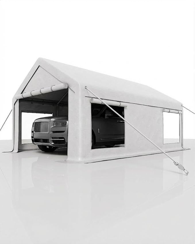 10 x 20ft Carport, Portable Carport with Roll-Up Windows & Removable Sidewalls & Doors Thickened Wind Ropes, Ground Nails, Portable Garage for Cars, Trucks, Boats, 200G Durable Tarp Cover,White