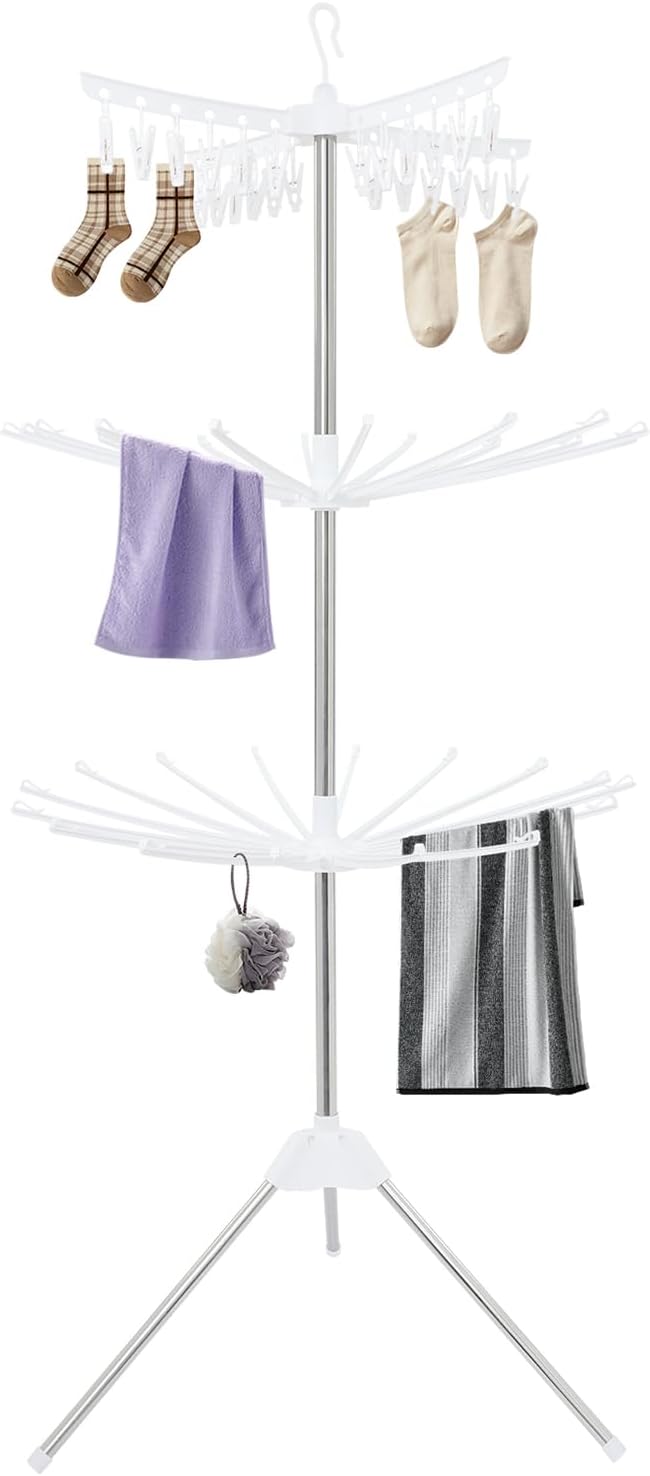 3-Tier Foldable Clothes Drying Rack, Rotating Clothing Rack w/Three-Legged Base, 24 Clips Large Capacity Indoor Clothes Airer for Scarves, Towels, Socks, Underwear