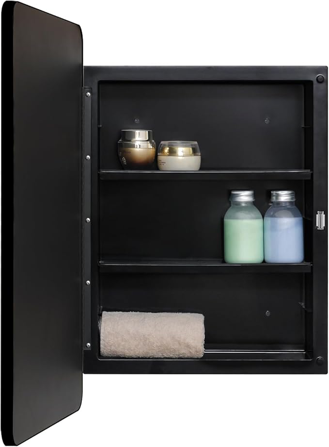Fundin Plastic Black Medicine Cabinet, Mirror Door with Round Corner Metal Frame, Recessed and Surface Mount Bathroom Medicine Cabinet, 16 x 22 inch Mirror Size