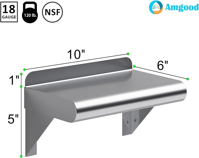AmGood 6 in. x 10 in. Stainless Steel Wall Shelf | NSF | Metal Shelving | Garage, Laundry, Storage, Utility Room | Restaurant, Commercial Kitchen