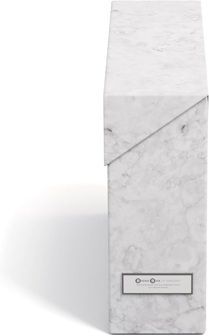 Bigso Lovisa Fiberboard Label Frame 12 File Storage Box - Paperwork Storage Box with Metal Label Holder - Durable Document Organizer with Flip Top Lid - 3.7in x 13in x 9.4 in - Marble