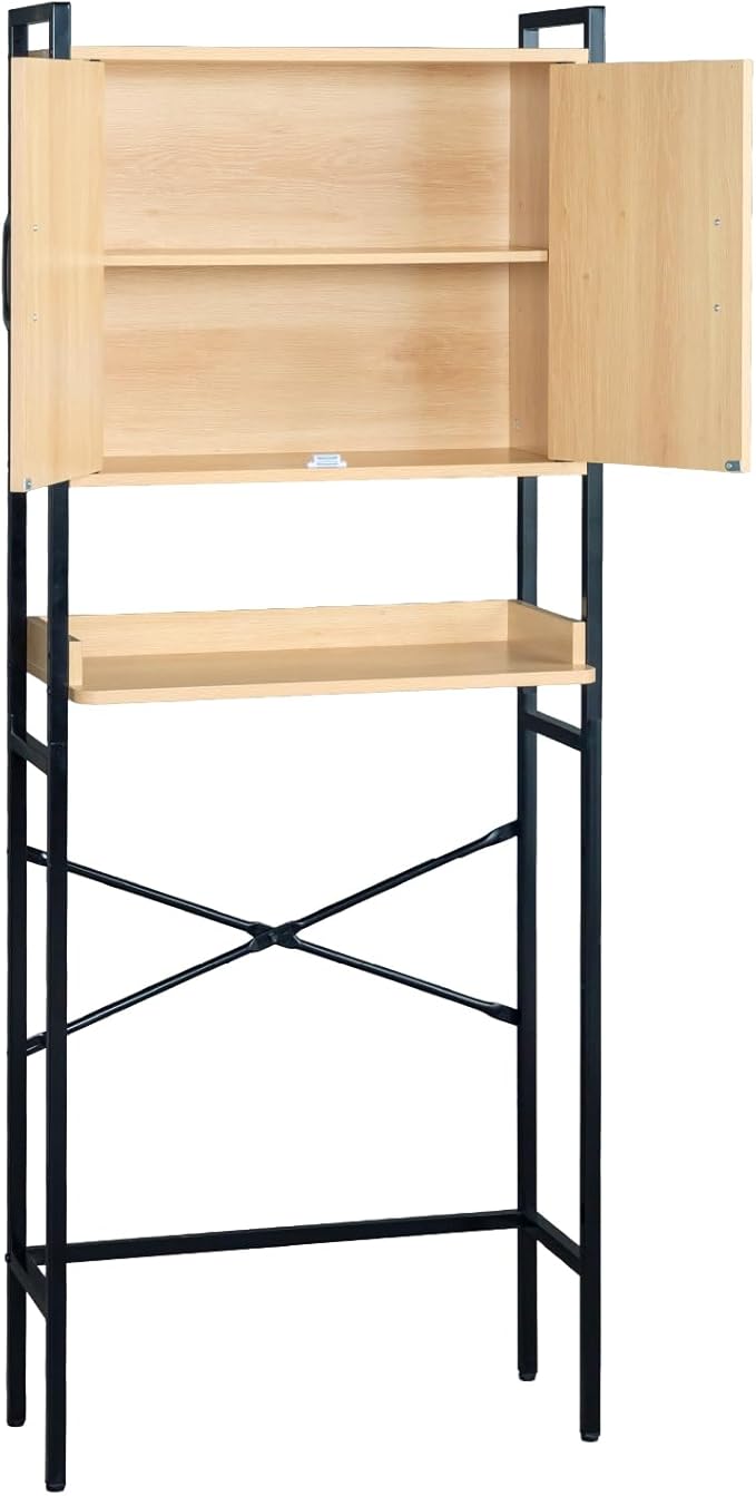 Karl home Over The Toilet Storage Cabinet with Double Doors, Bathroom Space Saver Toilet Paper Holder & Hook, Adjustable Shelf & Bottom Bar, Open Storage Cube, Organizer for Laundry, Restroom