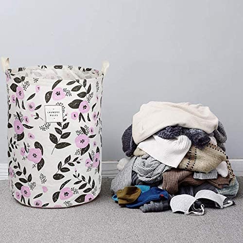 UUJOLY Collapsible Laundry Basket, Laundry Hamper with Handles Waterproof Round Cotton Linen Laundry Hamper Printing Household Organizer Basket, 19.7x15.7 inches, Purple