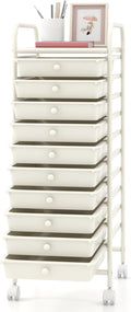 GOFLAME 10-Drawer Rolling Storage Drawer Cart, Utility Cart with Removable Drawers & Metal Frame, Mobile Art Craft Drawer Cart with Lockable Wheels for Home, Office, Studio, School, White