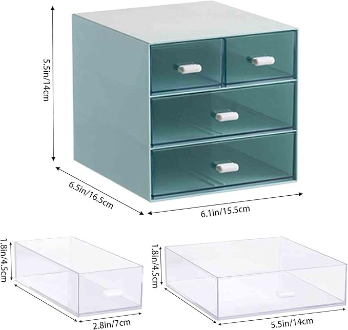 Desk Organizer with Drawer, Office Organizer with 4 Drawers, Desk Storage Box for, Desktop, Dressing table, Office, School, Home, Plastic Box and 4 Acrylic Drawers(Blue)