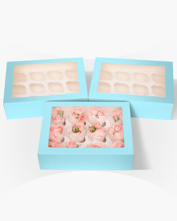 Bakepacker 12 Cupcake Containers 10-Packs Light Blue Cupcake Box Cupcakes Carrier, 12 Cupcake Boxes with Window 13"x10"x3.5"（Auto-pop up）