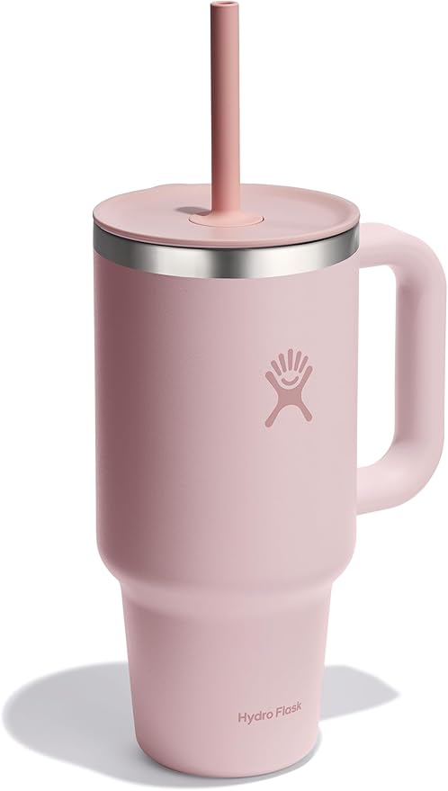 Hydro Flask Travel Tumbler with Handle, Lid and Straw - Insulated Stainless Steel in 32 Oz Tonal Trillium Pink