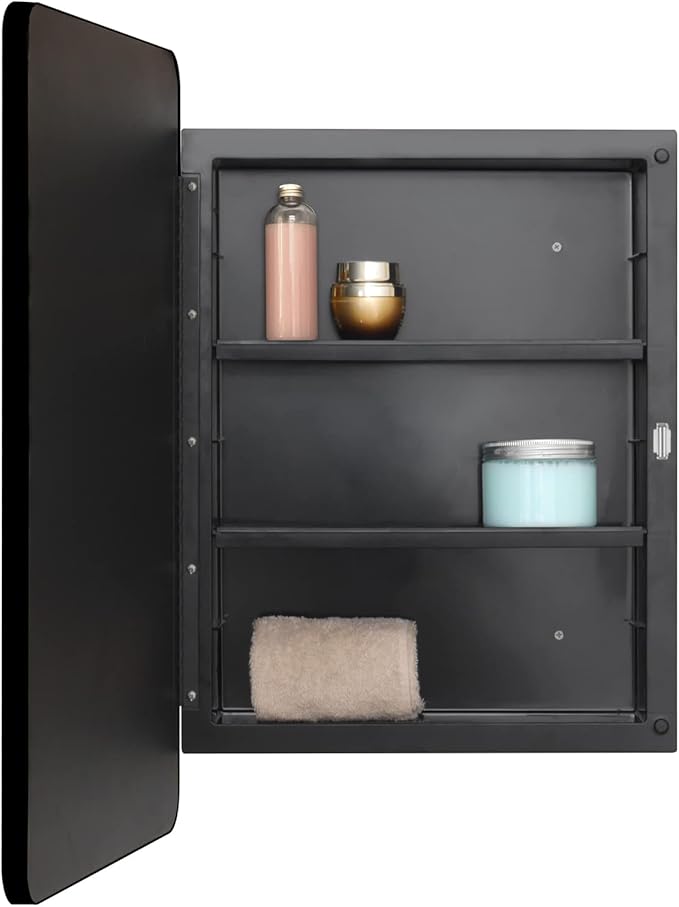 Fundin Plastic Black Medicine Cabinet, Beveled Edge Mirror Door with Round Corner Metal Frame, Recessed and Surface Mount Bathroom Medicine Cabinet, 16 x 24 inch Mirror Size