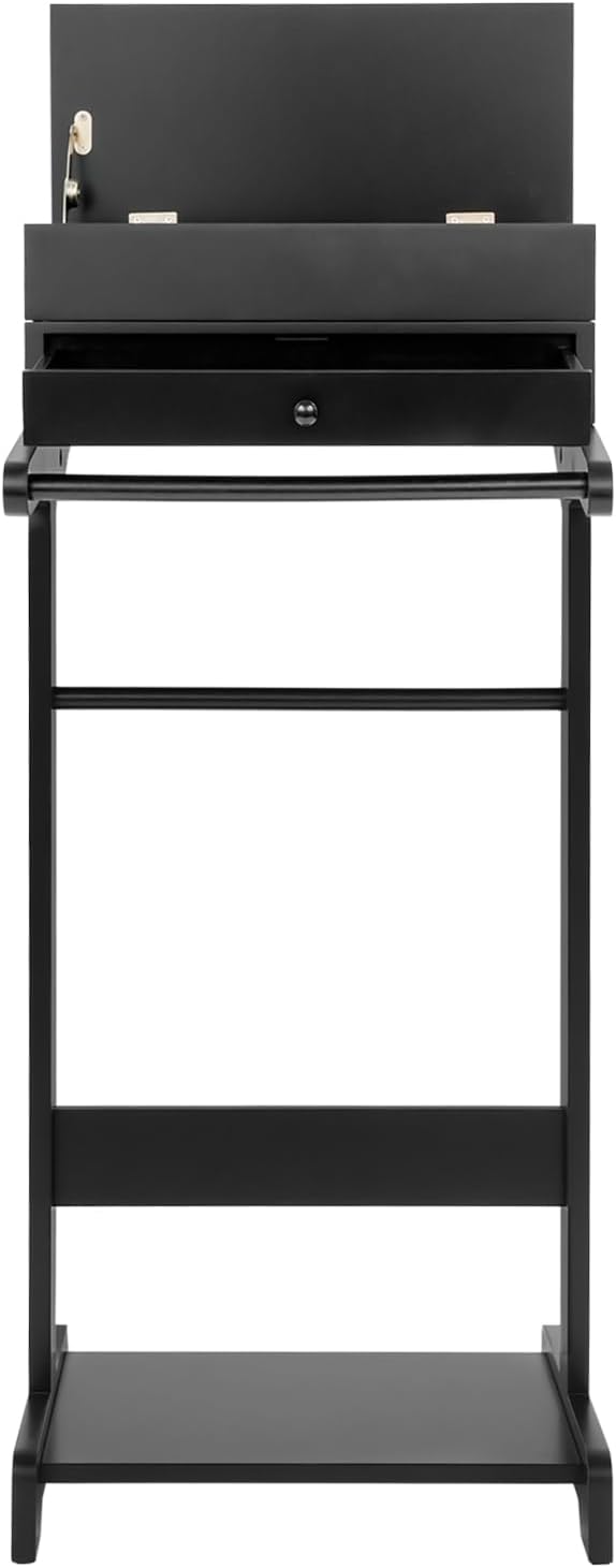 Valet Stand with Drawer and Top Tray, Wood Mens Suit Valet Stand with Wood Base, Freestanding Clothes Valet Stand with Hanger, Storage Organizer for Entryway Office Living Room (E, Black)