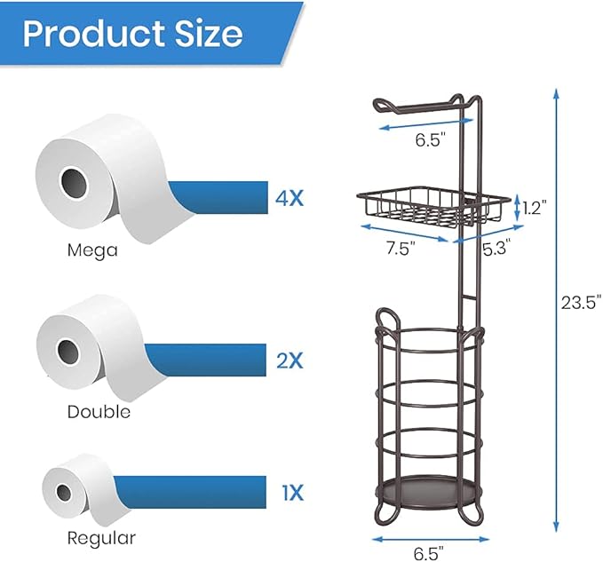 Toilet Paper Holder Stand Tissue Paper Roll Dispenser with Shelf for Bathroom Storage Holds Reserve Mega Rolls-Bronze