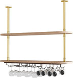 Ceiling Hanging Plant Stand Metal Wine Rack - LOFT Retro Iron Solid Wood , Wooden Hanging Wine Glass Holder, Ceiling Mounted Storage Rack, Industrial Ceiling Mount Shelves 2 Layer ( Color : Black , Si