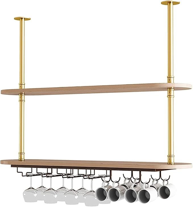 Ceiling Hanging Plant Stand Metal Wine Rack - LOFT Retro Iron Solid Wood , Wooden Hanging Wine Glass Holder, Ceiling Mounted Storage Rack, Industrial Ceiling Mount Shelves 2 Layer ( Color : Black , Si