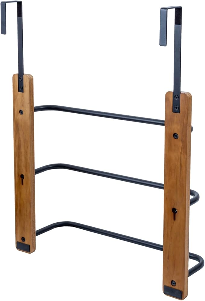 MyGift Over The Door Towel Rack for Bathroom, Rustic Solid Burnt Wood Towel Storage Organizer, 3 Tier Matte Black Metal Towel Bar, Space Saving Bathroom Door Hanging Towel Holder