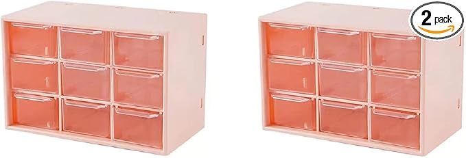 Feadily 2PCS Small Drawer Organizer for Desk, Desktop Drawer Organizer with 9 Clear Drawers, Plastic Desktop Storage Drawers 7.1 Inch x 3 .9 Inch x 4.7 Inch, Pink