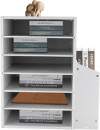 Literature Organizers With Side Storage cabinet, 6 Compartments Office Mailbox with Adjustable Shelves, PVC Board Literature Sorter for Office, Home, Classroom, Mailrooms Organization, White
