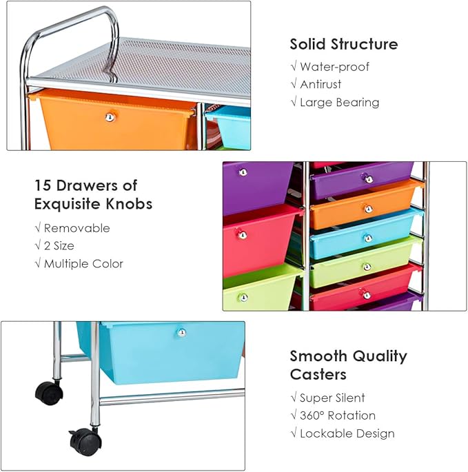 RELAX4LIFE 15 Drawer Rolling Storage Cart, Mobile Drawer Carts for Craft Art Supply Paper Salon, Utility Cart on Wheels for Classroom Teacher School Office, Rolling Cart with Drawers (Multi-Color)