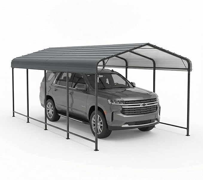SUNBURY 10 x 20 ft Heavy Duty Metal Carport for Vehicle Storage, Canopy with Galvanized Steel Roof, Outdoor Steel Car Shelter with Metal Frame, for Cars, Boats, Pickups and Tractors, Gray