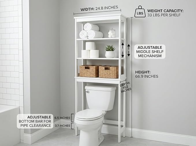 Over the Toilet Storage, 3-Tier Bamboo Bathroom Organizer with Adjustable Shelf, Space-Saving Rack, 66.9" Tall (White)