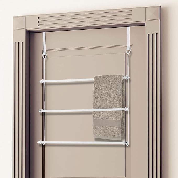 MyGift 3-Tier Over The Door Towel Holder, Bathroom Door Towel Bar, Over Shower Door Bath Shetts Drying Rack for Small Spaces, White Metal