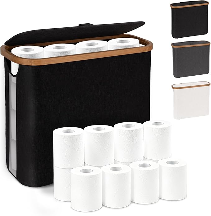 Toilet Paper Storage with Lid and Handle, 12 Roll Toilet Paper Basket Bathroom Standing Organizer, Folding Storage Bag with Foot Base, Slim Holder Container for Rolling Tissue, Towel- Black