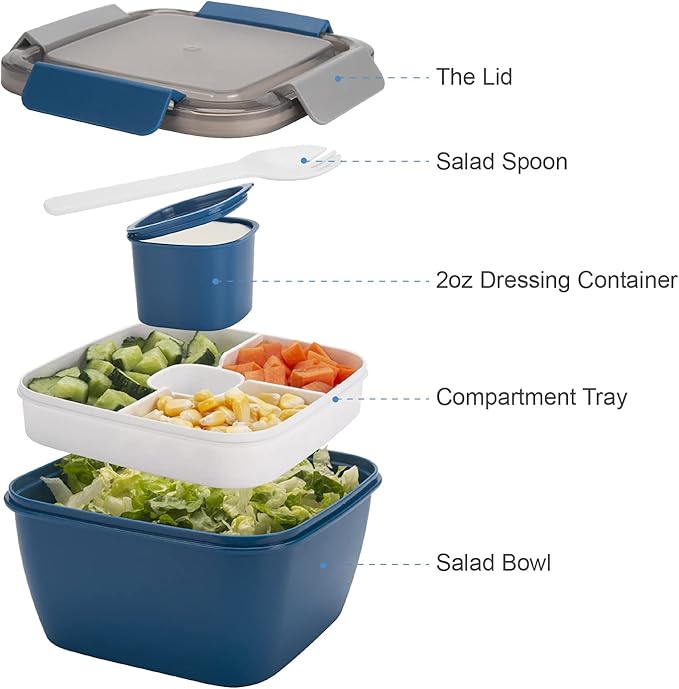 Freshmage Salad Lunch Containers To Go, 52 oz Bowls with 3 Compartments, Dressings Container for Toppings, Men, Women (Blue+Blue)