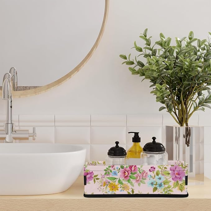 Toilet Tank Topper Paper Basket with Handle, Beautiful Floral Bathroom Storage Basket for Organizing, Small Fabric Storage Bins for Bathroom Decor