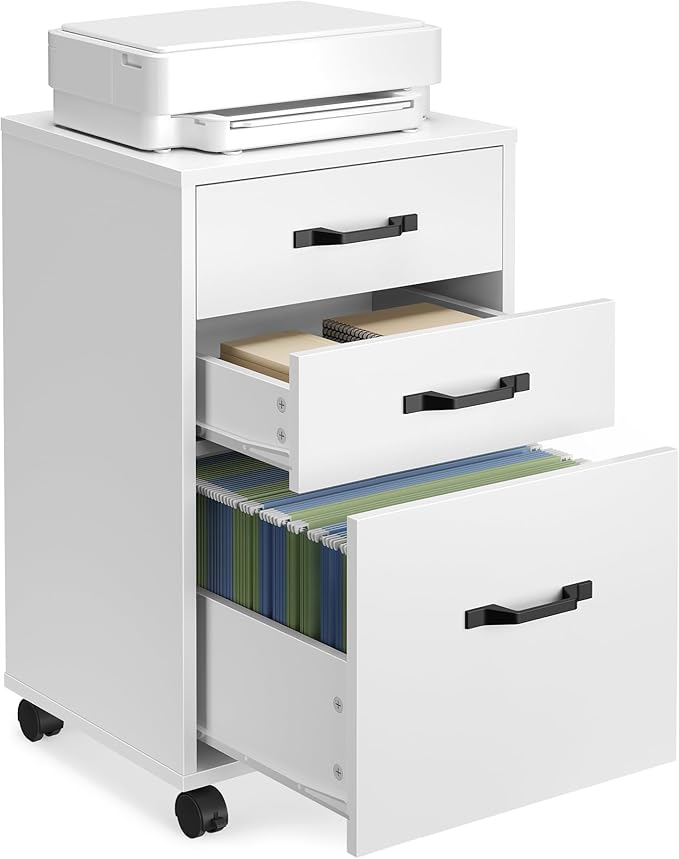 VASAGLE Mobile File Cabinet, 3 Drawers Filing Cabinet with Wheels, for Home Office, for A4, Letter Sized Documents, Adjustable Hanging Rail for File Folders, Cloud White UOFC065WB02S