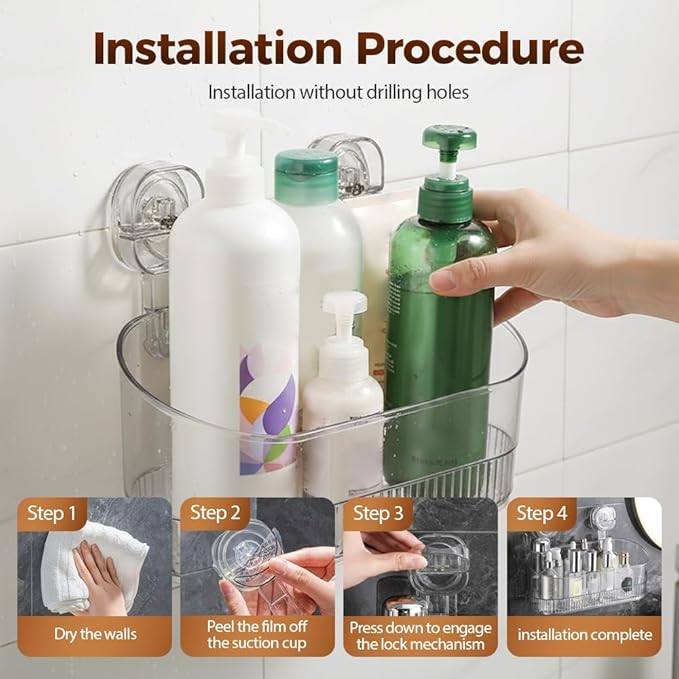 No-Drill Bathroom Suction Storage Box, 2026 New Corrugated Suction Cup Storage Holder,Powerful Suction Storage Box,Removable Hanging Storage Basket,Ripple Acrylic Wall Shelf (Clear)