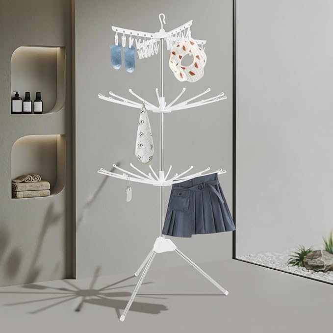 3-Tier Foldable Rotating Laundry Drying Rack with 24 Clips, Stainless Steel & PP Free-Standing Floor Dryer for Clothes