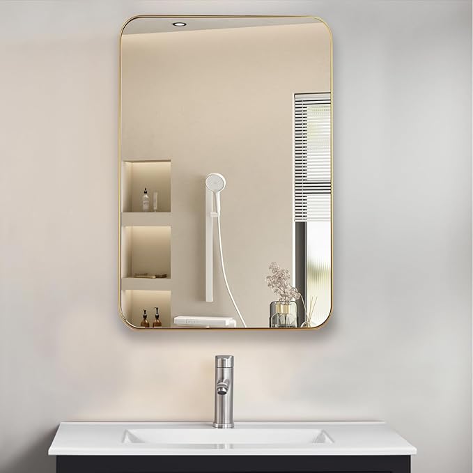20" x 26" Bathroom Medicine Cabinet with Mirror Door, Brush Gold Stainless Steel Frame, Recessed or Surface Mounted,Storage Cabinet with Adjustable Metal Shelves,Upgraded Version