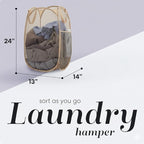 Handy Laundry Collapsible Mesh Pop Up Laundry Hamper with Side Pocket, Breathable & Space-Saving Foldable Basket for Clothes, Toys, Travel, Storage, 14 x 13 x 24 in, Beige