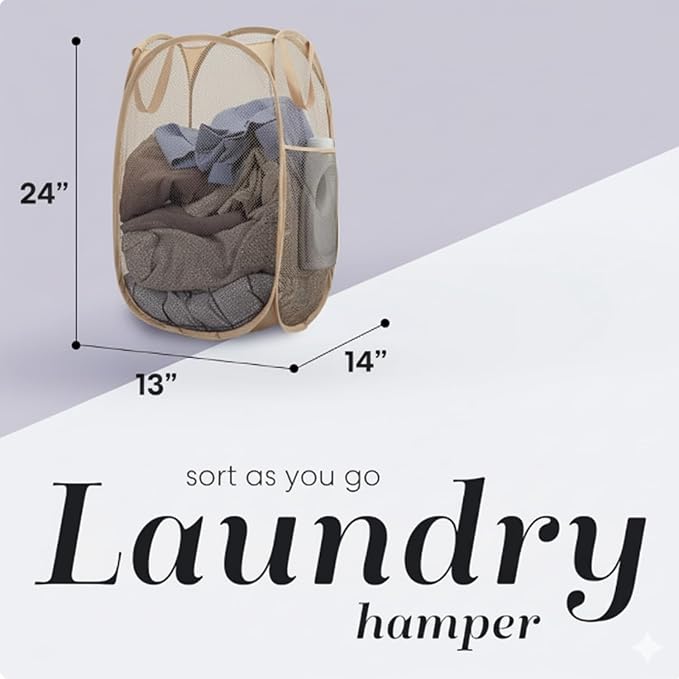 Handy Laundry Collapsible Mesh Pop Up Laundry Hamper with Side Pocket, Breathable & Space-Saving Foldable Basket for Clothes, Toys, Travel, Storage, 14 x 13 x 24 in, Beige