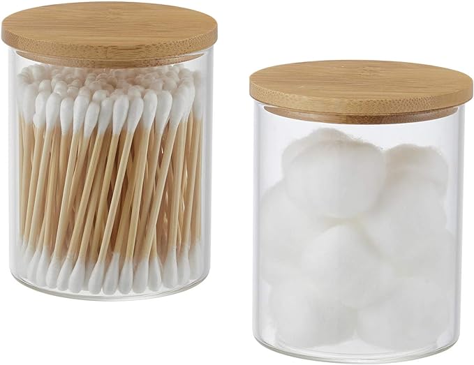 Glass Qtip Holder with Vanity Tray, Apothecary Jars Bathroom Accessories Bathroom Canisters Organizer Countertop Q Tip Holder for Cotton Ball Round Swab Pad Hair Ties Floss Perfume Jewelry