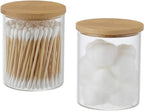 Glass Qtip Holder with Vanity Tray, Apothecary Jars Bathroom Accessories Bathroom Canisters Organizer Countertop Q Tip Holder for Cotton Ball Round Swab Pad Hair Ties Floss Perfume Jewelry