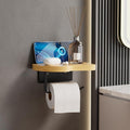 Wall Mounted Toilet Paper Holder with Shelf, Bamboo Wood and Matte Black Metal, 7.08x5.11 Inch Storage Rack for Bathroom